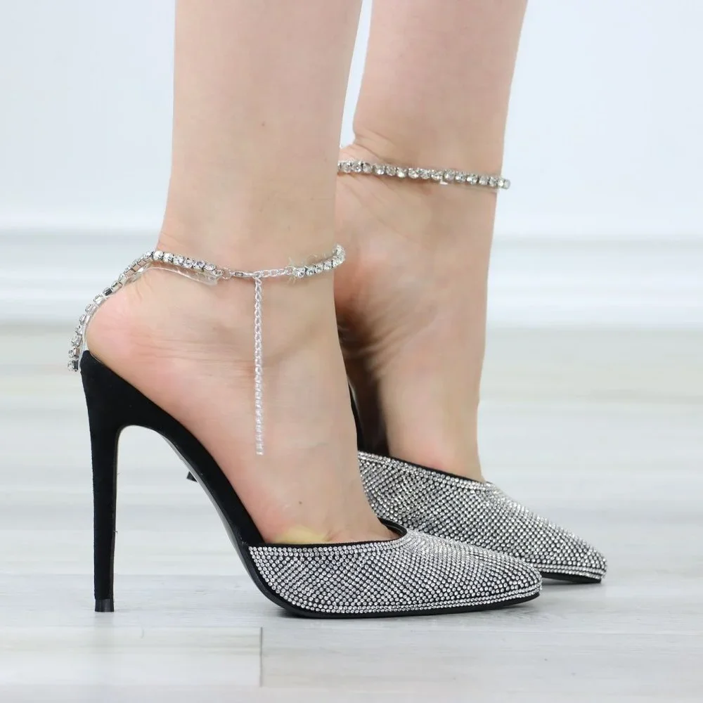 Black Pointed Toe Sparkly Rhinestone Ankle Strap High Heel Shoes Stiletto - Picture 2 of 13